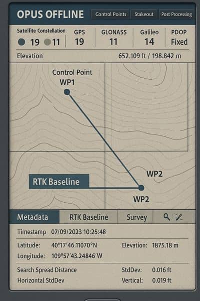 Opus offline gnss data screen - ALTA SURVEY Kentucky GNSS mapping interface showing OPUS offline status and RTK baseline data used by licensed land surveyor