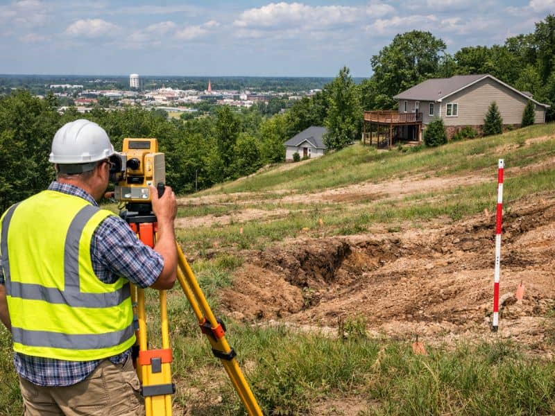 Surveyor performing site elevation analysis on a property in Bowling Green, KY to evaluate drainage and terrain conditions