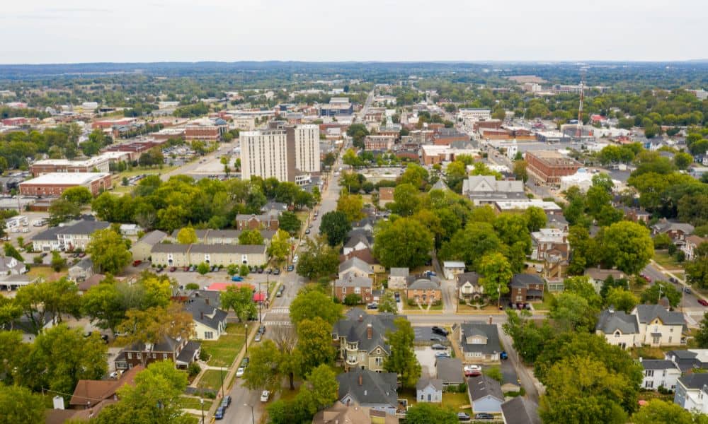 Aerial view of downtown redevelopment—used in article about the importance of an ALTA survey in Bowling Green, Kentucky.