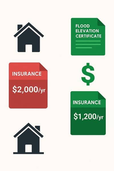Infographic showing how a flood elevation certificate lowers flood insurance costs from 00 to 00 per year