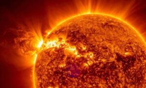 Solar flare erupting from the sun during a solar storm, showing the kind of space weather that affects GPS signals used in drone survey maps