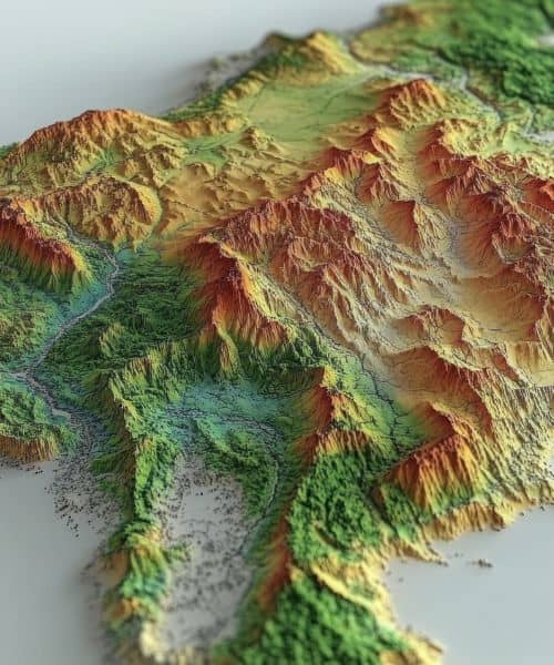 A detailed 3D terrain model created from LiDAR mapping data, showing real land elevation and surface features