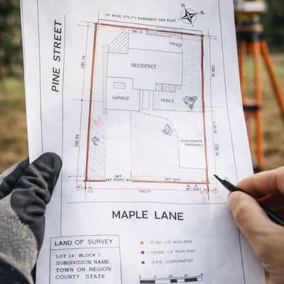 Technical drawing showing boundary lines and measurements from a mortgage surveys document