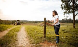 Property owner checking a fence line during boundary line surveys to confirm legal property boundaries