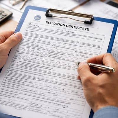 Surveyor reviewing elevation certificate documents - ALTA SURVEY Kentucky Surveyor reviewing documents for a FEMA elevation certificate before submission