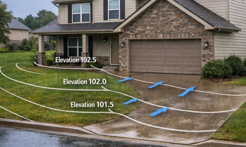 Residential home with a gently sloped yard and contour lines showing elevation changes measured in a topographic survey