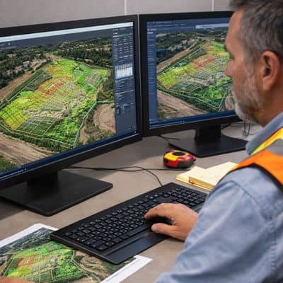 Drone land surveying data being reviewed by a licensed surveyor using aerial mapping and terrain models for project planning