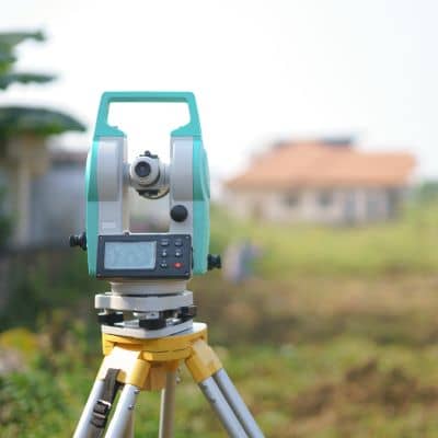 Total station set up on a residential lot to capture elevation data during a topographic survey