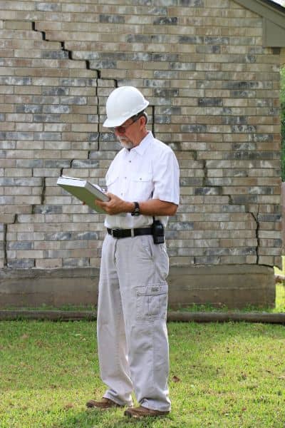 Structural inspector examining cracked brick foundation that may cause uneven floors discovered during a house survey