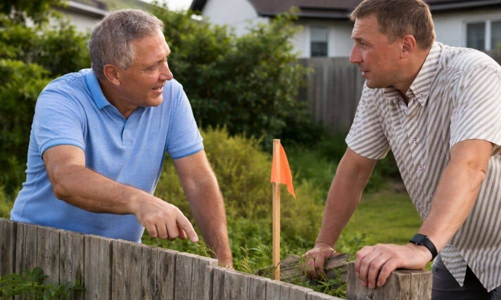 Two neighbors discussing a fence line while talking about property survey cost during a boundary dispute