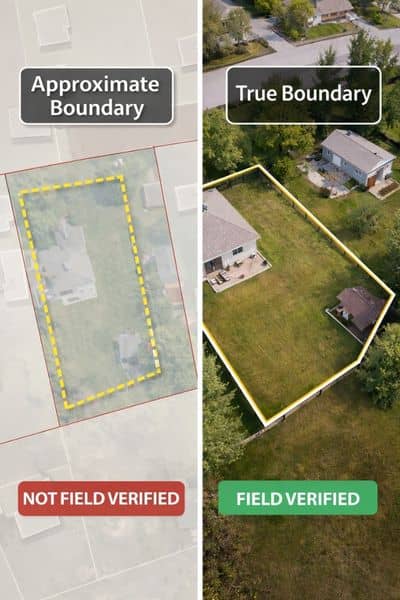 Close-up of a parcel map compared with actual property survey measurements showing boundary differences on the ground