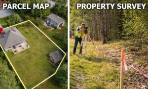 Comparison showing a parcel map view and a property survey with marked boundary lines on-site