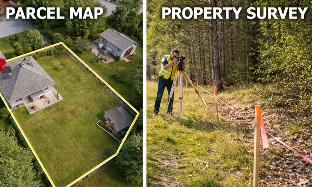 Comparison showing a parcel map view and a property survey with marked boundary lines on-site