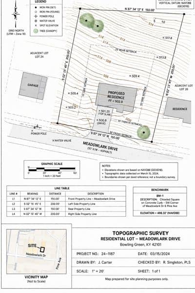 Residential site contour map plan - ALTA SURVEY Kentucky Topographic survey map showing elevation lines and contours for planning a residential homesite