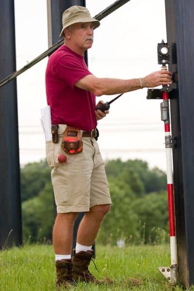 Surveyor measuring property boundaries during a home survey on site