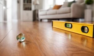 Marble and level tool showing uneven hardwood floor discovered during a house survey