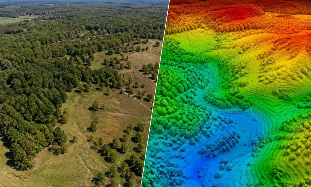 LiDAR mapping showing subtle elevation changes compared to a normal ground view that appears flat