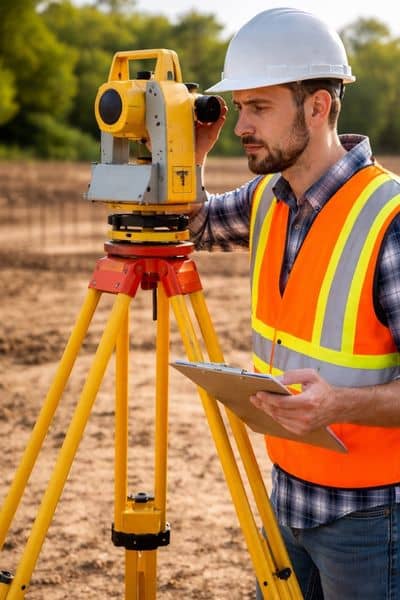 Surveying precision field work - ALTA SURVEY Kentucky Surveying companies performing precise field measurements during a construction site inspection