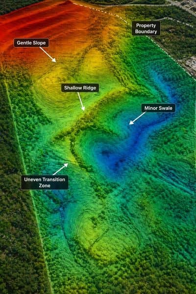 LiDAR mapping image showing subtle elevation changes with visible slopes, ridges, and low areas across a property
