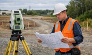 Land surveyor performing an ALTA survey on a commercial property to identify access rights and easement issues