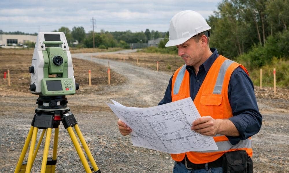 Land surveyor performing an ALTA survey on a commercial property to identify access rights and easement issues