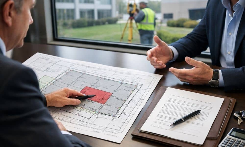 Commercial real estate professionals reviewing an ALTA survey and purchase agreement after discovering a property boundary discrepancy