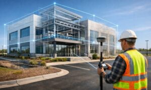 As built survey commercial building - ALTA SURVEY Kentucky Licensed surveyor performing an as built survey on a commercial building with a digital blueprint overlay