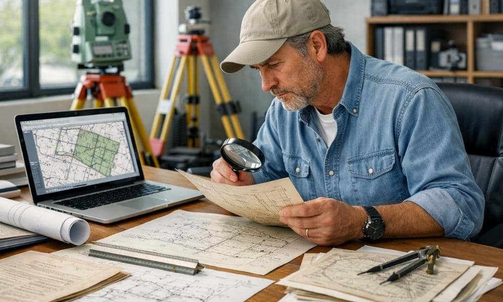 Boundary survey cost estimate record review - ALTA SURVEY Kentucky Land surveyor reviewing property deeds and boundary records to prepare a boundary survey cost estimate
