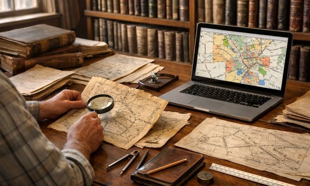 Cadastral surveyor working with historic property records - ALTA SURVEY Kentucky Cadastral surveyor working with historic property records and modern mapping tools