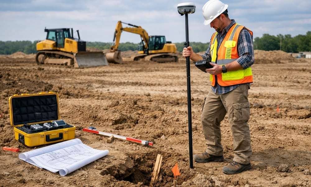 Construction surveyor using GPS equipment to recover a missing control point on an active grading site
