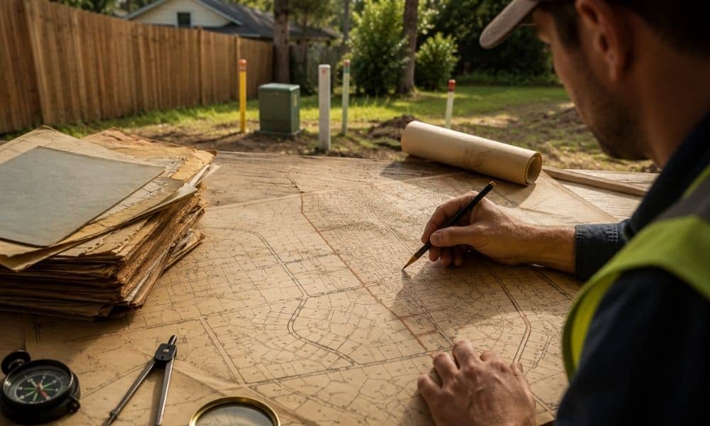 Hidden boundary clues in old utility easements - ALTA SURVEY Kentucky Surveyor examining historic utility easement records and property maps to verify residential boundary lines and land ownership
