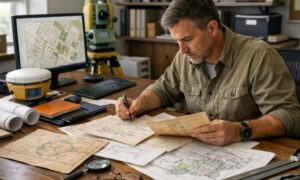 Licensed land surveyor researching deeds and plats - ALTA SURVEY Kentucky Licensed land surveyor reviewing property deeds, plats, and survey records before conducting fieldwork to verify legal property boundaries
