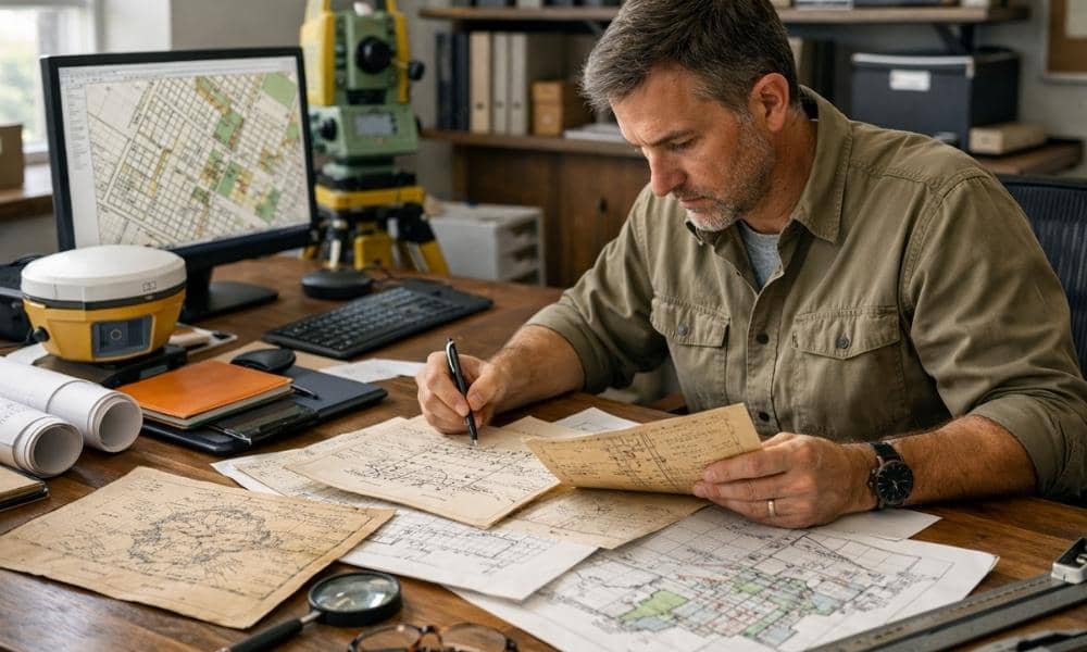 Licensed land surveyor reviewing property deeds, plats, and survey records before conducting fieldwork to verify legal property boundaries