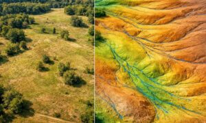 Lidar mapping water flow drainage analysis site development - ALTA SURVEY Kentucky Split-screen comparison of an aerial site photo and a LiDAR bare-earth terrain model showing hidden water flow patterns and natural drainage paths for site development