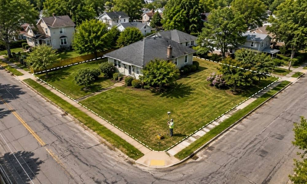 Older suburban corner lot with property boundary lines and a land surveyor using GPS equipment to locate property lines at a two-street intersection