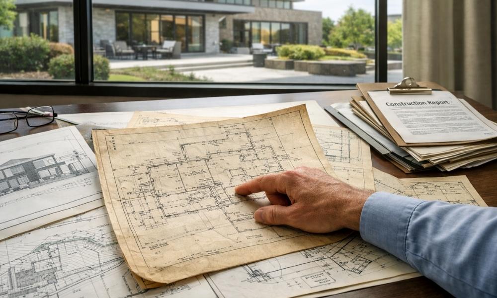 Property owner reviewing old as-built survey plans and construction documents for a completed building