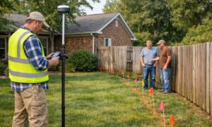 Property survey for fence - ALTA SURVEY Kentucky A land surveyor uses GPS equipment to mark a residential property line while two homeowners discuss the fence boundary