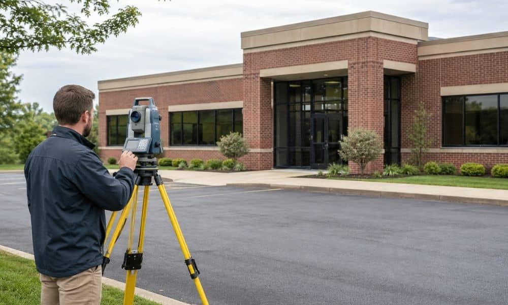Surveyor completing an as-built survey at an existing commercial building in Bowling Green, KY