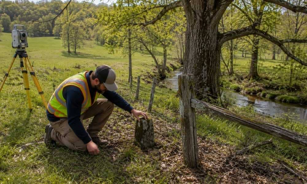 Bowling green ky metes and bounds survey - ALTA SURVEY Kentucky Surveyor examining an old boundary marker during a metes and bounds survey near Bowling Green, Kentucky