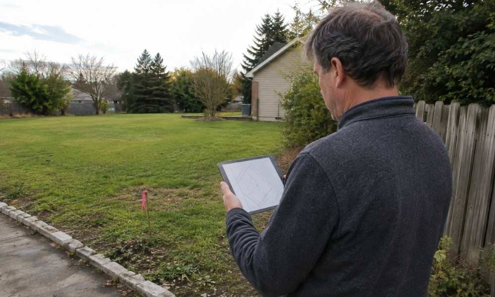 Homeowner using a property map while trying to find my property line in a Kentucky residential yard