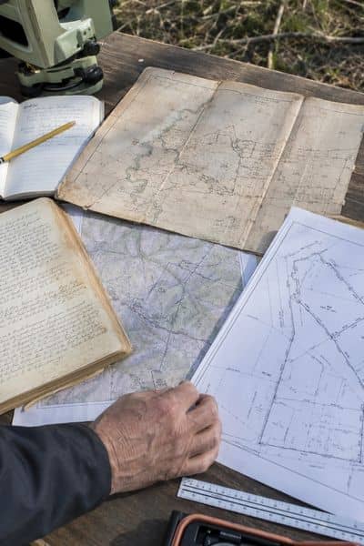 Historic maps, survey records, and field notes used to trace the former path of a creek along a property boundary
