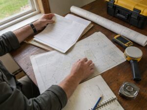 Professional Land Surveyor Kentucky Fieldwork Planning - ALTA SURVEY Kentucky Professional Land Surveyor in Kentucky reviewing property records and maps before survey fieldwork.
